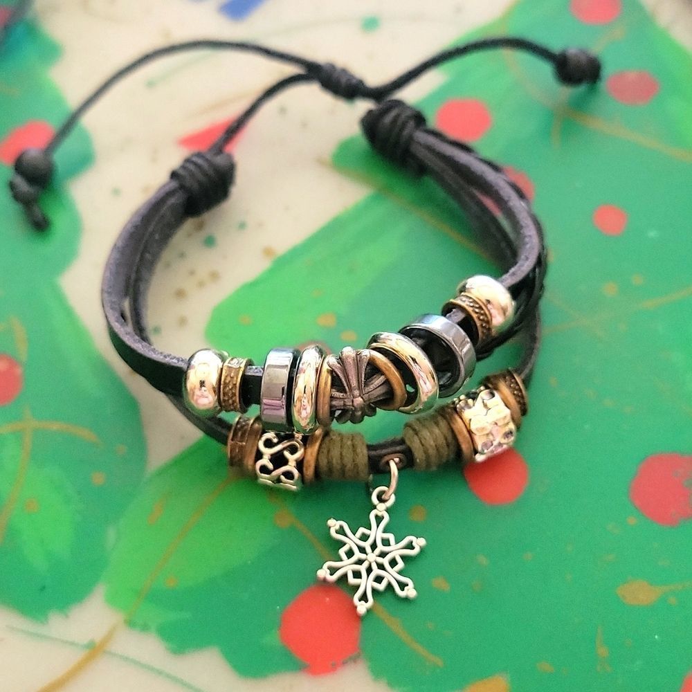 Snowflake Charm Black Leather Tie Adjustable Bracelet New